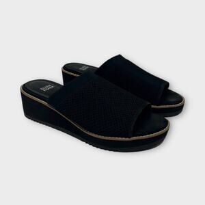 Eileen Fisher Telly Stretch Knit Wedge Slide Sandals in Black Size 9